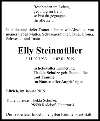 Traueranzeige von Elly Steinmüller von Thüringer Allgemeine