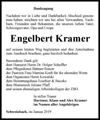 Traueranzeige von Engelbert Kramer von Ostthüringer Zeitung