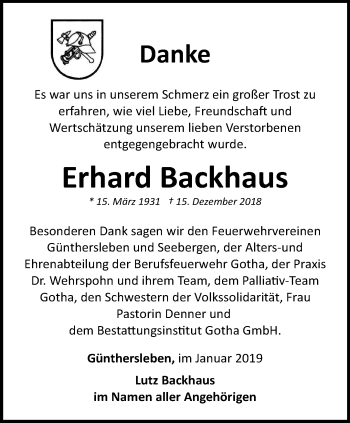 Traueranzeige von Erhard Backhaus von Ostthüringer Zeitung, Thüringische Landeszeitung