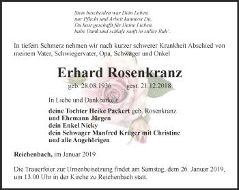 Traueranzeige von Erhard Rosenkranz von Ostthüringer Zeitung