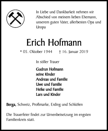 Traueranzeige von Erich Hofmann von Ostthüringer Zeitung