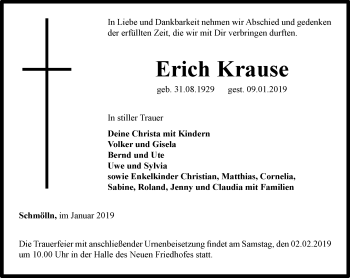 Traueranzeige von Erich Krause von Ostthüringer Zeitung