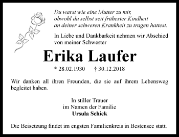 Traueranzeige von Erika Laufer von Ostthüringer Zeitung, Thüringische Landeszeitung