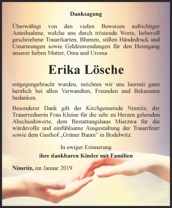 Traueranzeige von Erika Lösche von Ostthüringer Zeitung