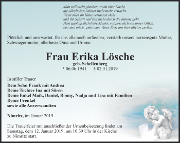Traueranzeige von Erika Lösche von Ostthüringer Zeitung