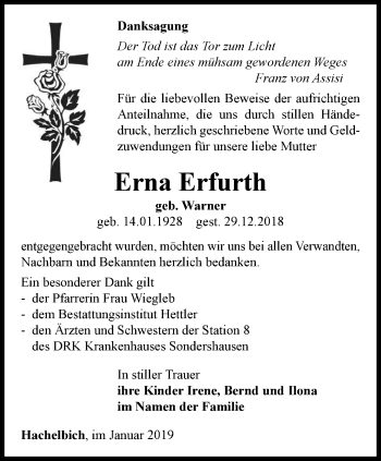 Traueranzeige von Erna Erfurth von Thüringer Allgemeine