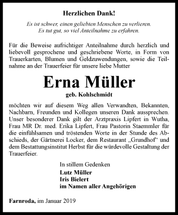 Traueranzeige von Erna Müller von Thüringer Allgemeine, Thüringische Landeszeitung