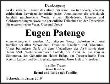 Traueranzeige von Eugen Patenge von Thüringer Allgemeine