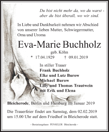 Traueranzeige von Eva-Marie Buchholz von Thüringer Allgemeine