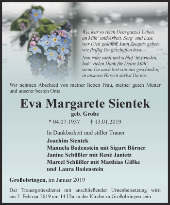 Traueranzeige von Eva Margarete Sientek von Thüringer Allgemeine, Thüringische Landeszeitung