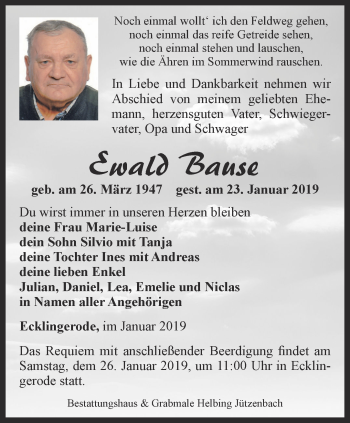 Traueranzeige von Ewald Bause von Thüringer Allgemeine