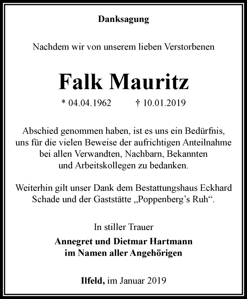  Traueranzeige für Falk Mauritz vom 26.01.2019 aus Thüringer Allgemeine