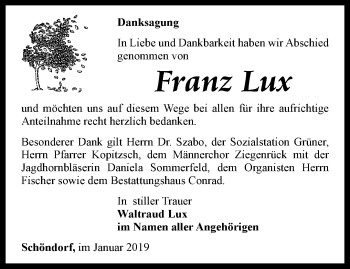 Traueranzeige von Franz Lux von Ostthüringer Zeitung