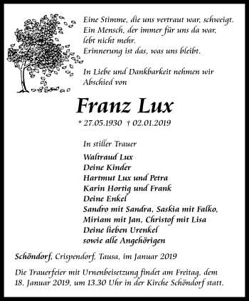 Traueranzeige von Franz Lux von Ostthüringer Zeitung