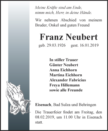 Traueranzeige von Franz Neubert von Thüringer Allgemeine, Thüringische Landeszeitung