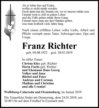 Traueranzeige von Franz Richter von Thüringer Allgemeine, Thüringische Landeszeitung