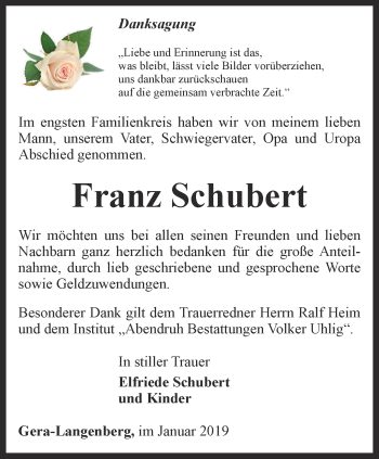 Traueranzeige von Franz Schubert von Ostthüringer Zeitung