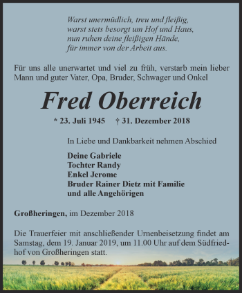 Traueranzeige von Fred Oberreich von Thüringer Allgemeine, Thüringische Landeszeitung