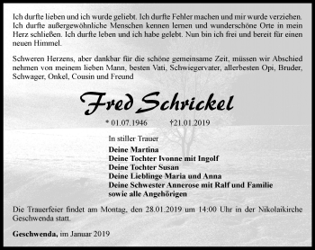 Traueranzeige von Fred Schrickel von Thüringer Allgemeine