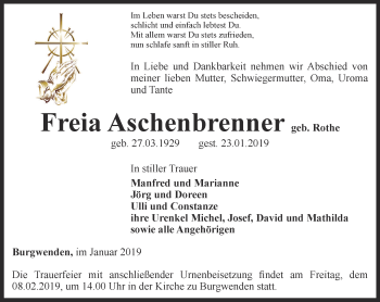 Traueranzeige von Freia Aschenbrenner von Thüringer Allgemeine