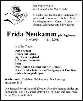 Traueranzeige von Frida Neukamm von Thüringer Allgemeine