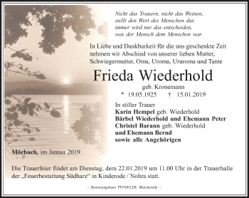 Traueranzeige von Frieda Wiederhold von Thüringer Allgemeine