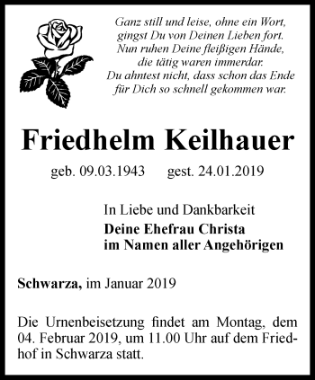 Traueranzeige von Friedhelm Keilhauer von Ostthüringer Zeitung