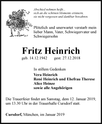 Traueranzeige von Fritz Heinrich von Ostthüringer Zeitung