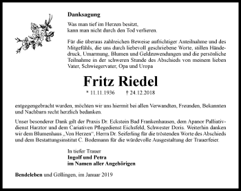 Traueranzeige von Fritz Riedel von Thüringer Allgemeine