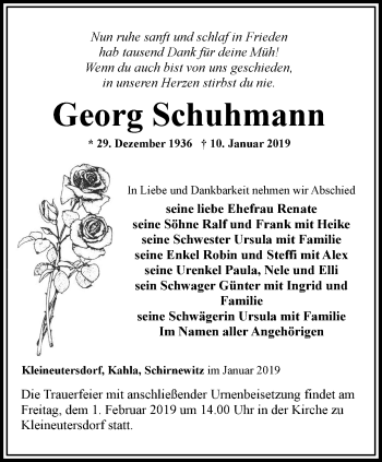 Traueranzeige von Georg Schuhmann von Ostthüringer Zeitung, Thüringische Landeszeitung