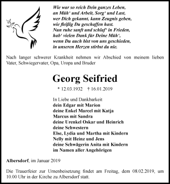 Traueranzeige von Georg Seifried von Ostthüringer Zeitung