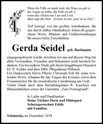 Traueranzeige von Gerda Seidel von Ostthüringer Zeitung