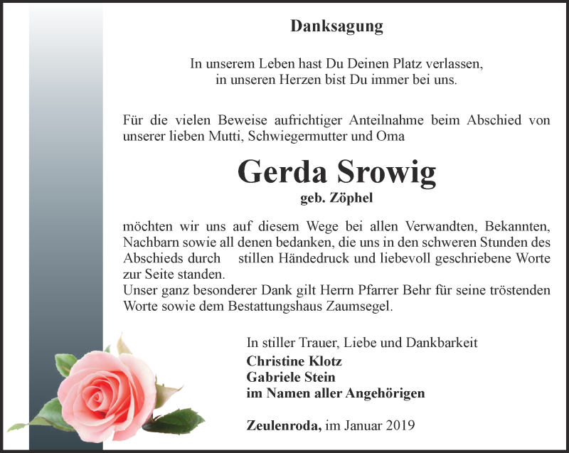  Traueranzeige für Gerda Srowig vom 12.01.2019 aus Ostthüringer Zeitung