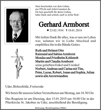 Traueranzeige von Gerhard Armborst von Thüringer Allgemeine