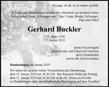 Traueranzeige von Gerhard Buckler von Thüringer Allgemeine