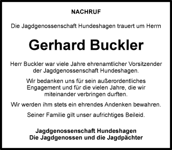 Traueranzeige von Gerhard Buckler von Thüringer Allgemeine