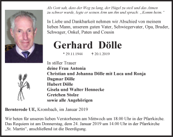 Traueranzeige von Gerhard Dölle von Thüringer Allgemeine