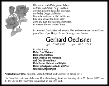 Traueranzeige von Gerhard Oechsner von Ostthüringer Zeitung