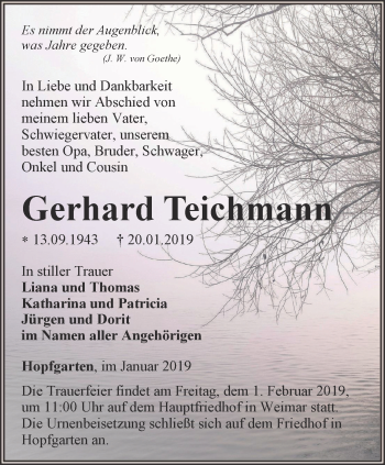 Traueranzeige von Gerhard Teichmann von Thüringer Allgemeine, Thüringische Landeszeitung