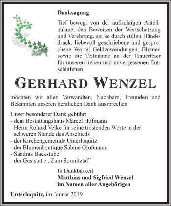 Traueranzeige von Gerhard Wenzel