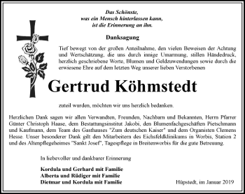 Traueranzeige von Gertrud Köhmstedt von Thüringer Allgemeine, Thüringische Landeszeitung