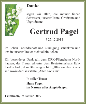 Traueranzeige von Gertrud Pagel von Thüringer Allgemeine