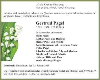 Traueranzeige von Gertrud Pagel von Zeitungsgruppe Thüringen Trauer