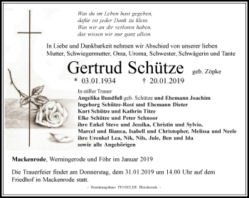 Traueranzeige von Gertrud Schütze von Thüringer Allgemeine