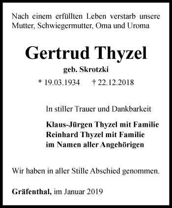 Traueranzeige von Gertrud Thyzel von Ostthüringer Zeitung
