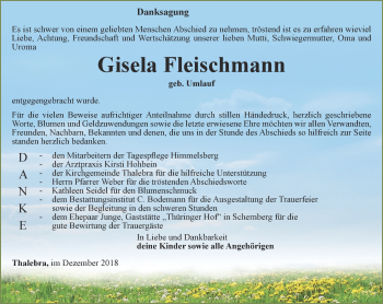 Traueranzeige von Gisela Fleischmann von Thüringer Allgemeine