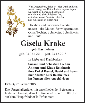 Traueranzeige von Gisela Krake von Thüringer Allgemeine, Thüringische Landeszeitung