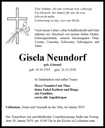 Traueranzeige von Gisela Neundorf von Ostthüringer Zeitung