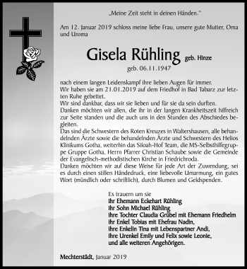 Traueranzeige von Gisela Rühling von Ostthüringer Zeitung, Thüringische Landeszeitung