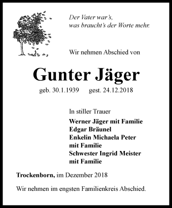 Traueranzeige von Gunter Jäger von Ostthüringer Zeitung